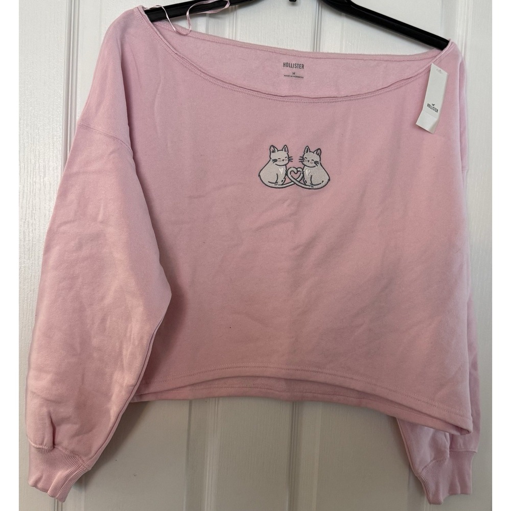 Hollister Women's Pink Easy Graphic Double Off-the-shoulder Kitty Sweatshirt Med